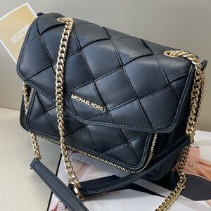 (new+card) Michael Kors Regina flap shoulder bag crossbody black leather quilted